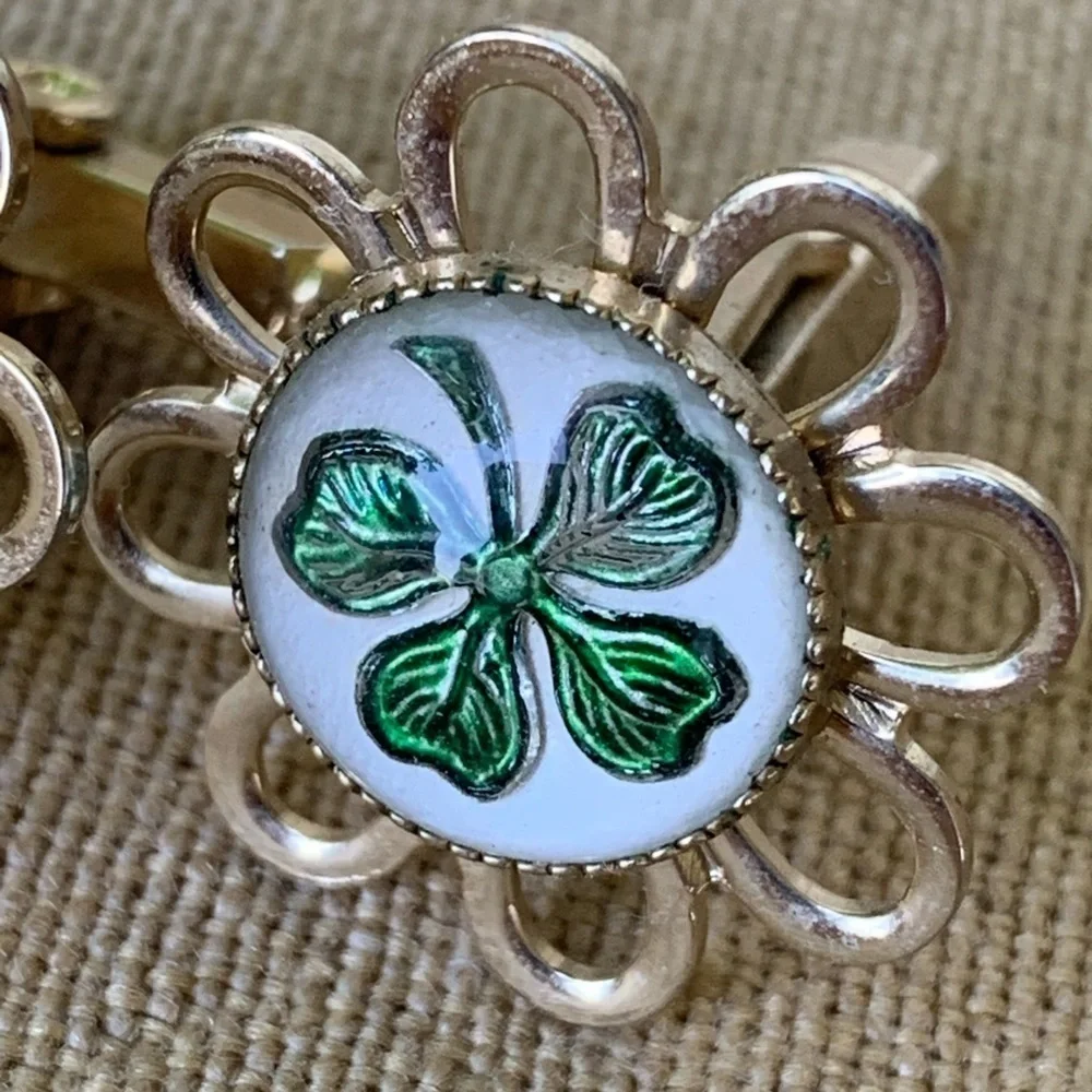 Vintage Cufflinks 4 Leaf Clover Shamrock St. Patrick’s Day Goldtone